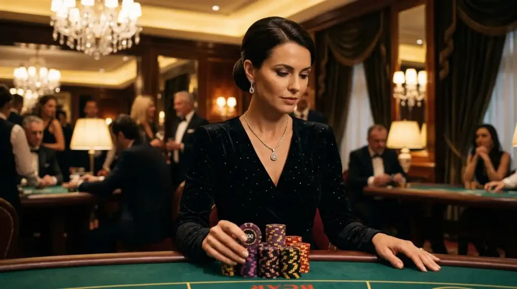 Female casino player holding chips on a gaming table in a real casino setting, representing cc6 online casino experience and live gambling atmosphere.