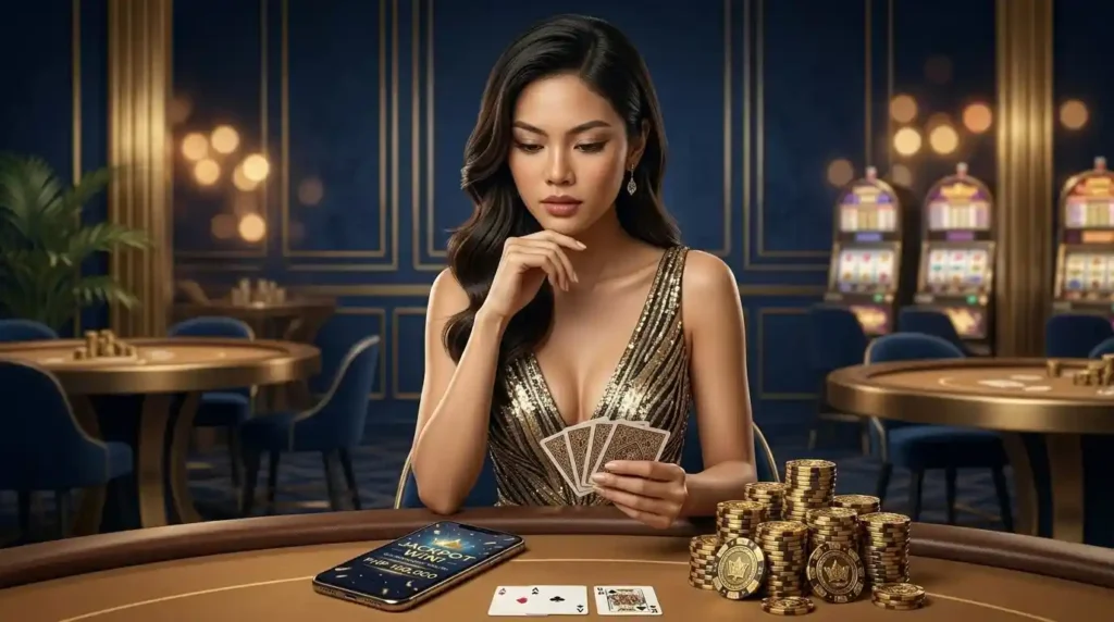 Woman playing casino table game in a real physical casino environment, representing cc6 online casino gameplay experience in a live setting.