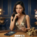 Woman playing casino table game in a real physical casino environment, representing cc6 online casino gameplay experience in a live setting.