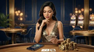 Woman playing casino table game in a real physical casino environment, representing cc6 online casino gameplay experience in a live setting.