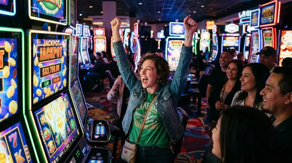 Woman celebrating a jackpot win while playing slot machines inside a real casino, associated with cc6 online casino.