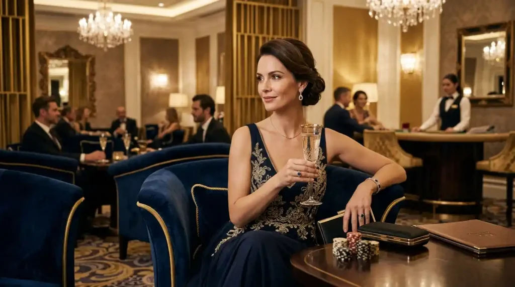 Woman guest resting in a luxurious casino lounge after playing at CC6 Online Casino, set in a real physical casino environment with soft lighting and elegant seating, reflecting a relaxed gaming experience.