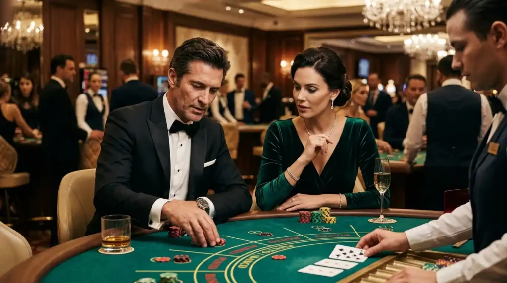Couple enjoying casino table games in a luxury casino while accessing Cgebet Online Casino Login for online gaming entertainment.