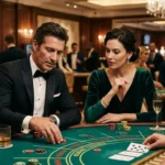 Couple enjoying casino table games in a luxury casino while accessing Cgebet Online Casino Login for online gaming entertainment.