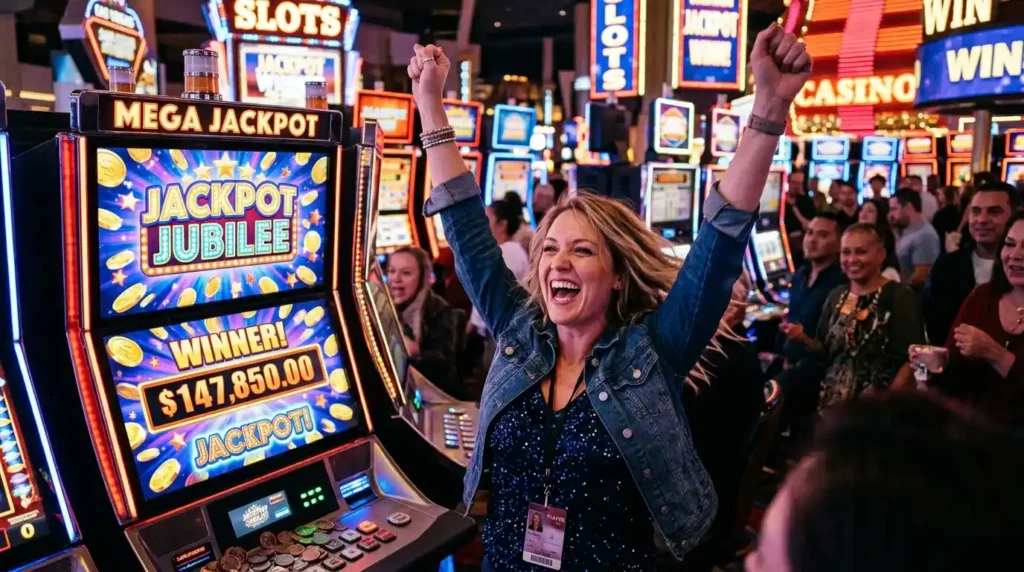 Happy woman celebrating a jackpot win on slot machines inside a luxury casino, promoting free 100 online casino gaming excitement.