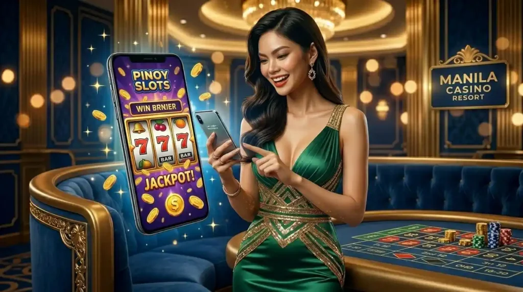Free 100 Online Casino player enjoying slot machine games on a smartphone while spending time inside a vibrant physical casino gaming floor.