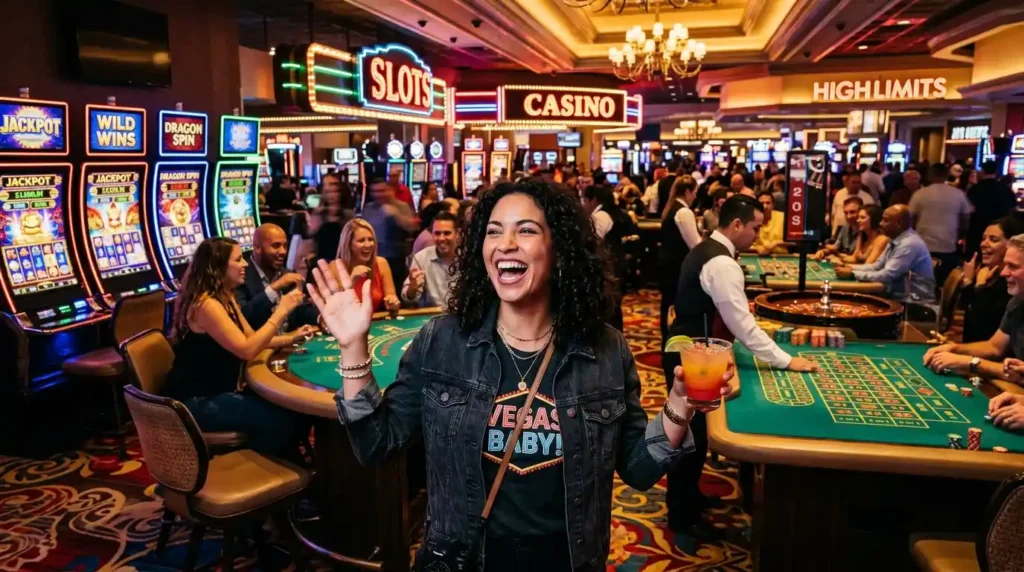 A stylish woman enjoying a luxurious casino night experience at a gaming table, representing the excitement of free 100 online casino promotions and rewards.