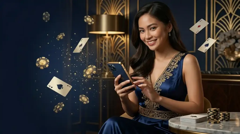 Woman enjoying casino games on her smartphone inside a luxury gaming venue while exploring free 100 online casino promotions.