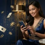 Woman enjoying casino games on her smartphone inside a luxury gaming venue while exploring free 100 online casino promotions.