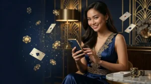 Woman enjoying casino games on her smartphone inside a luxury gaming venue while exploring free 100 online casino promotions.