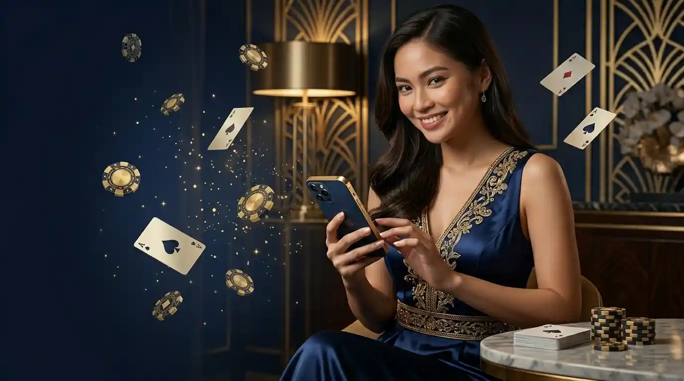 Woman enjoying casino games on her smartphone inside a luxury gaming venue while exploring free 100 online casino promotions.