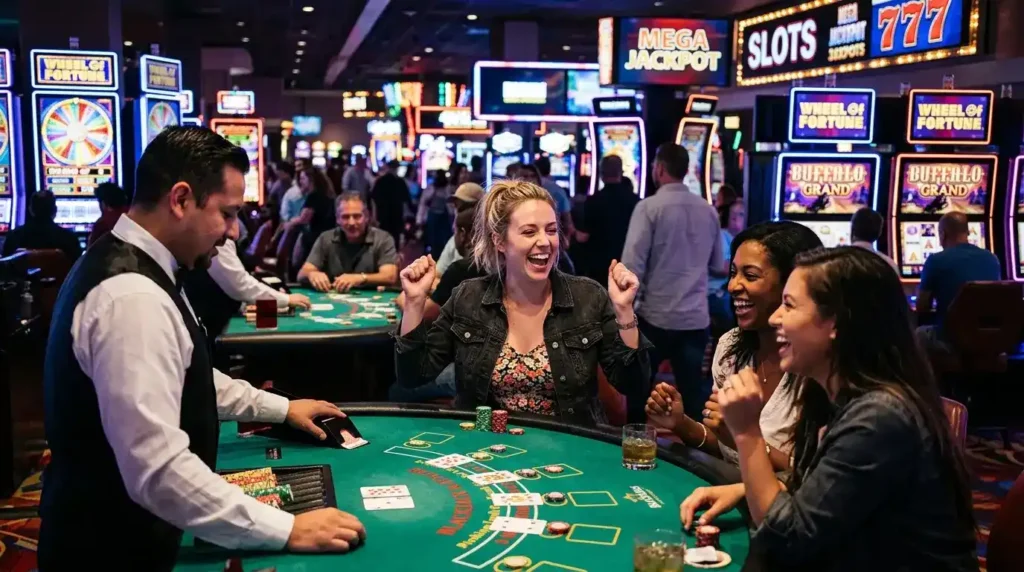 Group of friends enjoying casino table games in a luxury casino environment, capturing the excitement and entertainment associated with Okada Online Casino.