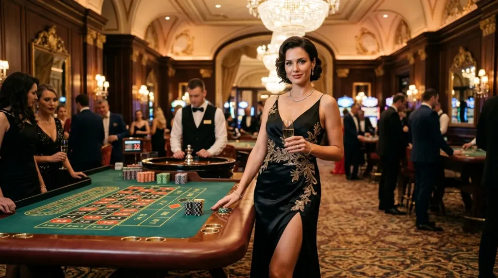 Stylish woman posing beside a roulette table inside a luxury casino while enjoying the exciting atmosphere associated with Okada Online Casino.