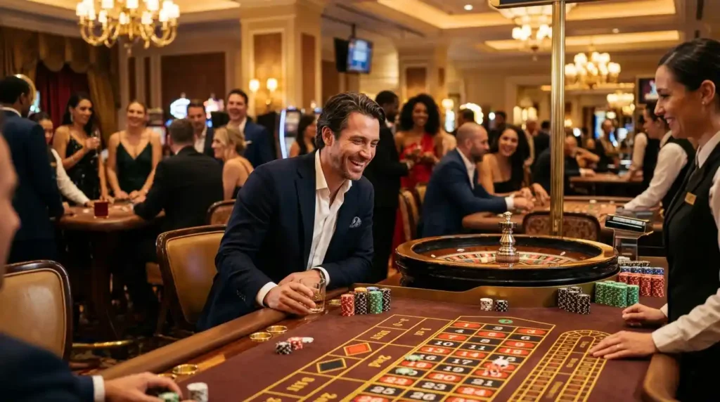 Male guest enjoying a live roulette game inside a luxury casino, highlighting the exciting atmosphere associated with Okada Online Casino.