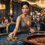 Stylish woman guest placing bets at a roulette table inside a luxury casino, representing the excitement of Okada Online Casino gaming experiences.