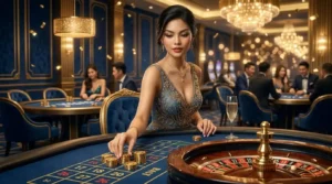 Stylish woman guest placing bets at a roulette table inside a luxury casino, representing the excitement of Okada Online Casino gaming experiences.