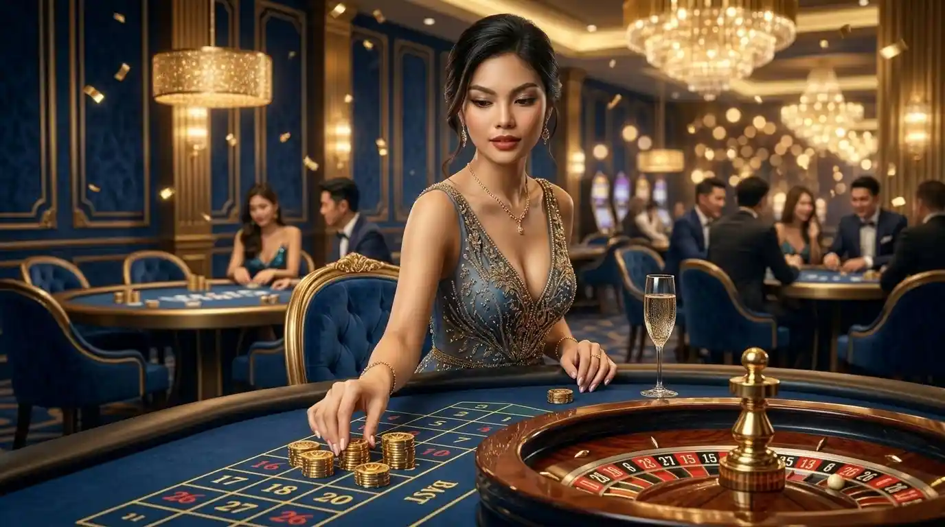 Stylish woman guest placing bets at a roulette table inside a luxury casino, representing the excitement of Okada Online Casino gaming experiences.