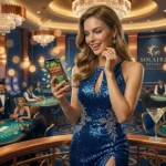 Female player enjoying a luxurious casino gaming experience in a real casino while representing Online Casino Free 100.