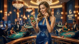 Female player enjoying a luxurious casino gaming experience in a real casino while representing Online Casino Free 100.