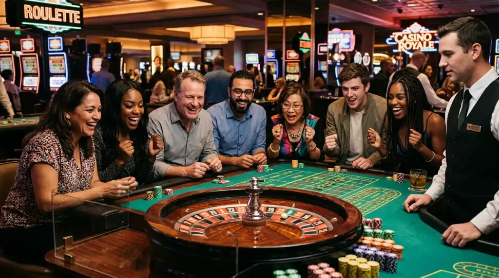 Group of friends enjoying a roulette game inside a luxurious casino while promoting the excitement of Online Casino Free 100.
