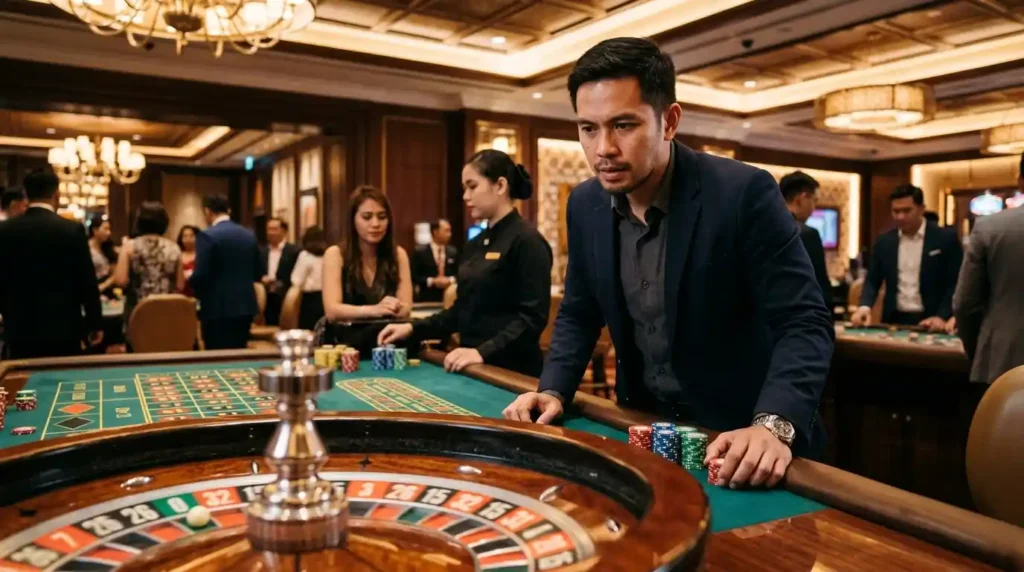 Male player trying his luck at a roulette table inside a real casino while associated with online casino free 100, focusing on the spinning wheel and betting chips in a lively gaming environment.