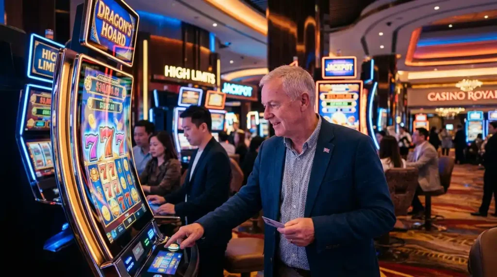 Older man trying his luck on a slot machine inside a real casino while enjoying the excitement associated with Online Casino Free 100 promotions.