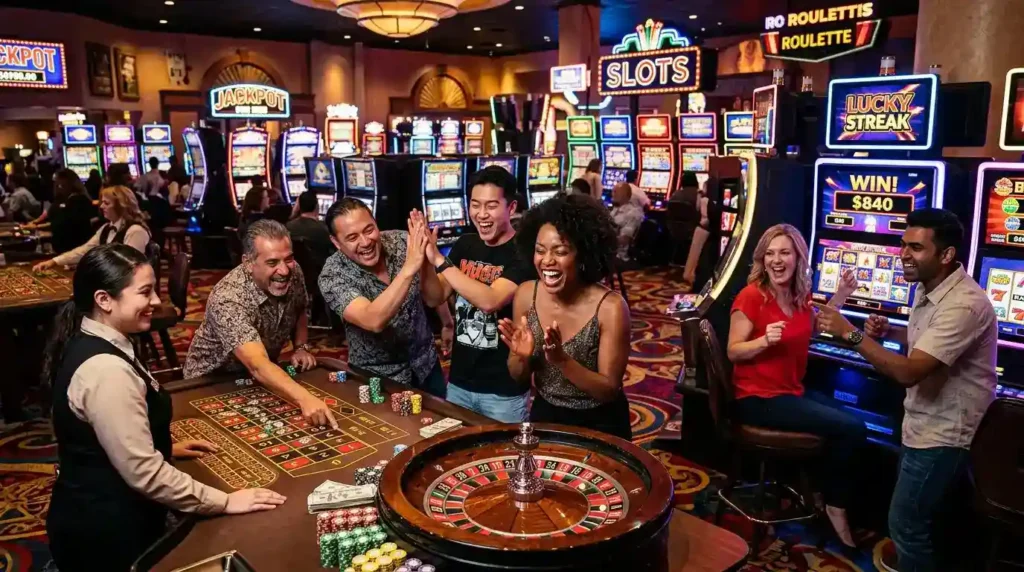People laughing and enjoying themselves inside a physical casino while associated with the online casino free bonus platform branding.