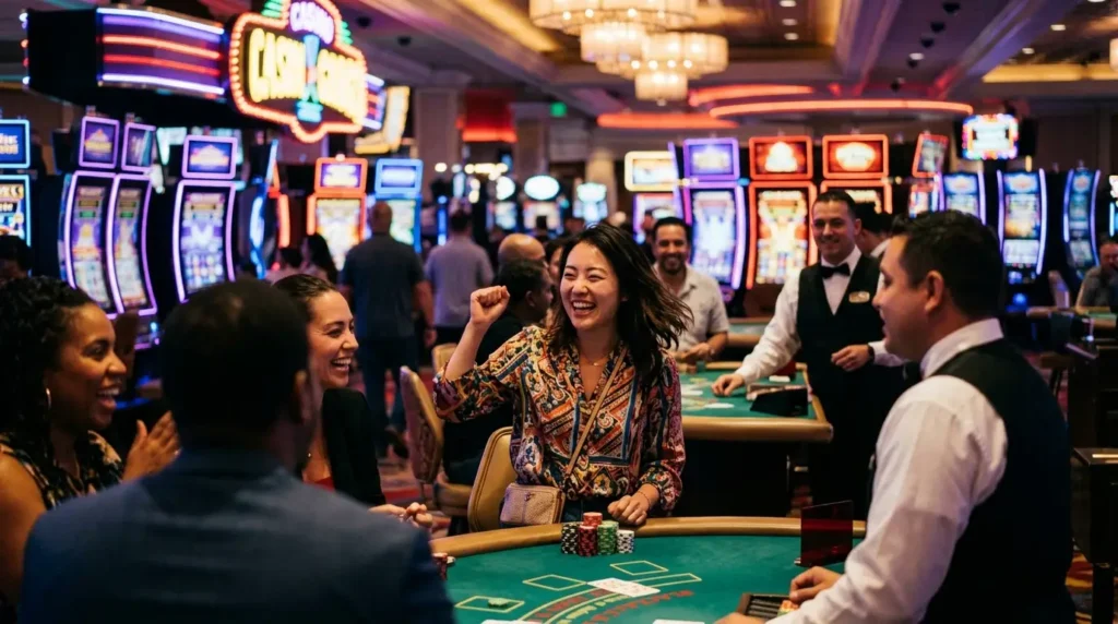 People laughing and enjoying themselves inside a physical casino while associated with the online casino free bonus platform branding.