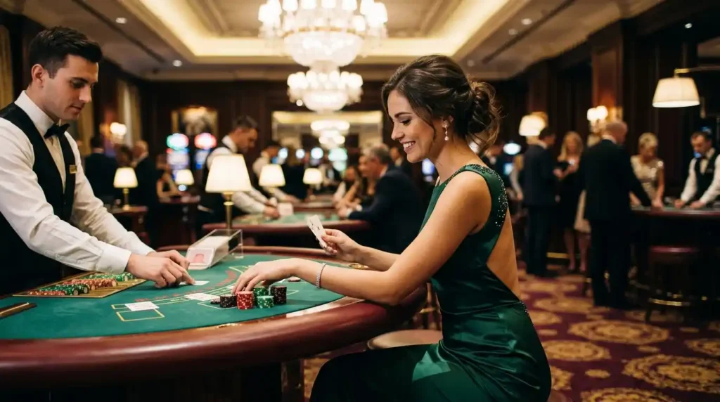 Smiling woman playing a table cards game in a physical casino branded as online casino free bonus.