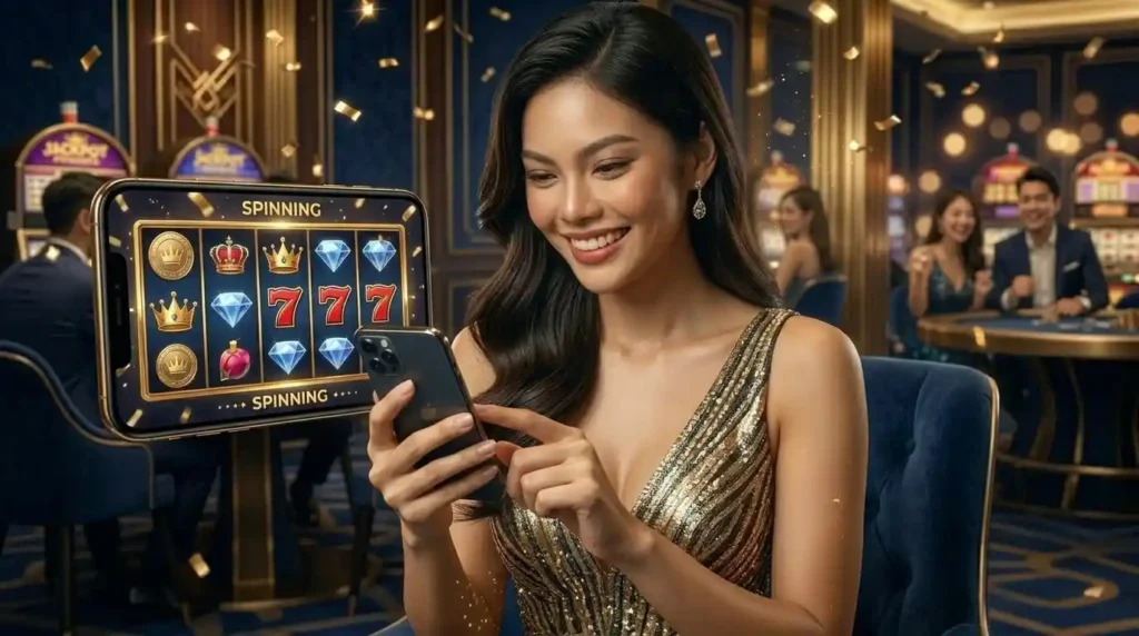 Woman playing slot machines inside a physical casino while associated with the brand online casino free bonus, enjoying the gaming floor atmosphere.