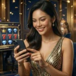 Woman playing slot machines inside a physical casino while associated with the brand online casino free bonus, enjoying the gaming floor atmosphere.