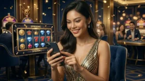 Woman playing slot machines inside a physical casino while associated with the brand online casino free bonus, enjoying the gaming floor atmosphere.
