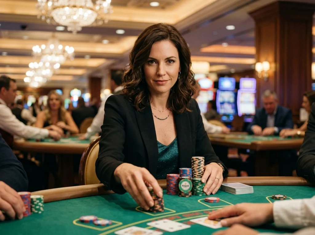 A confident female guest enjoying an exclusive online casino games real money no deposit experience.