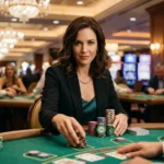 A confident female guest enjoying an exclusive online casino games real money no deposit experience.