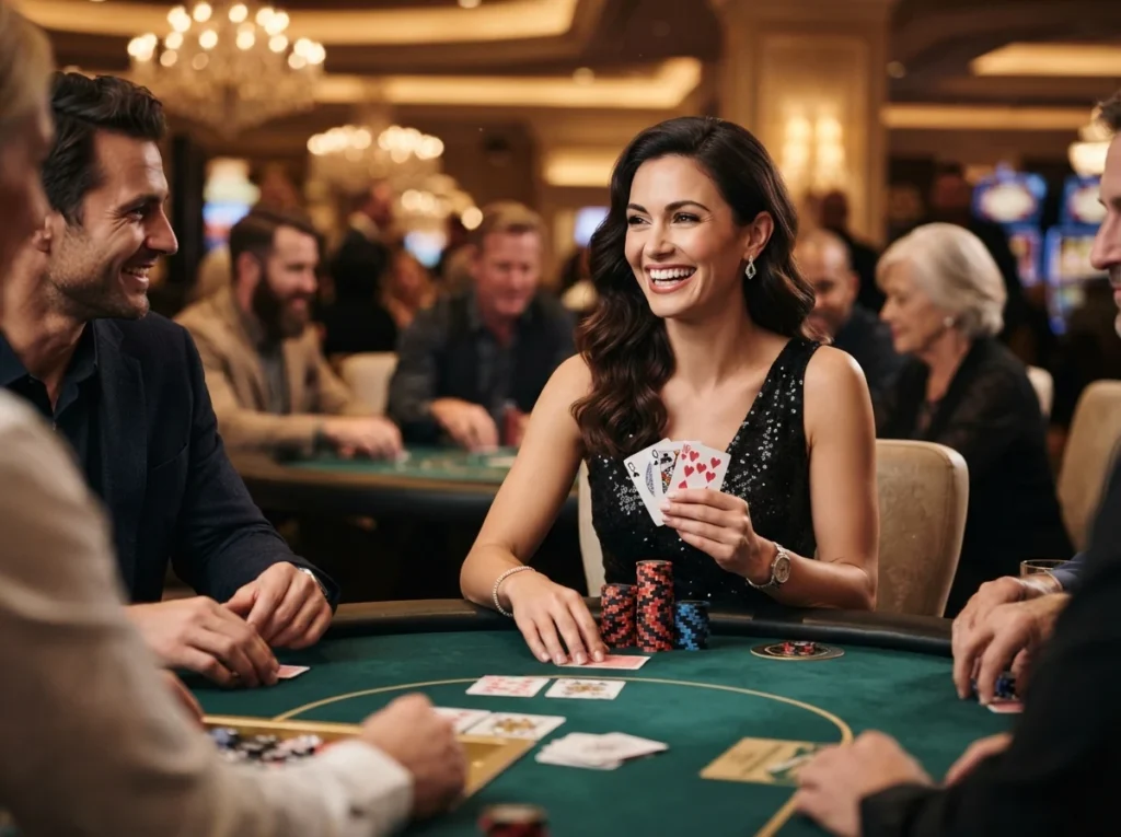 Elegant woman enjoying table games at an online casino games real money no deposit platform during a casino-themed gaming session.