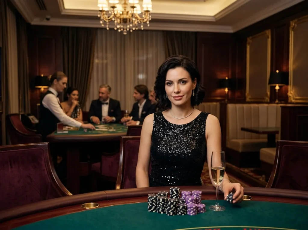 Stylish woman enjoying a luxury casino night while playing online casino games real money no deposit on her mobile device.