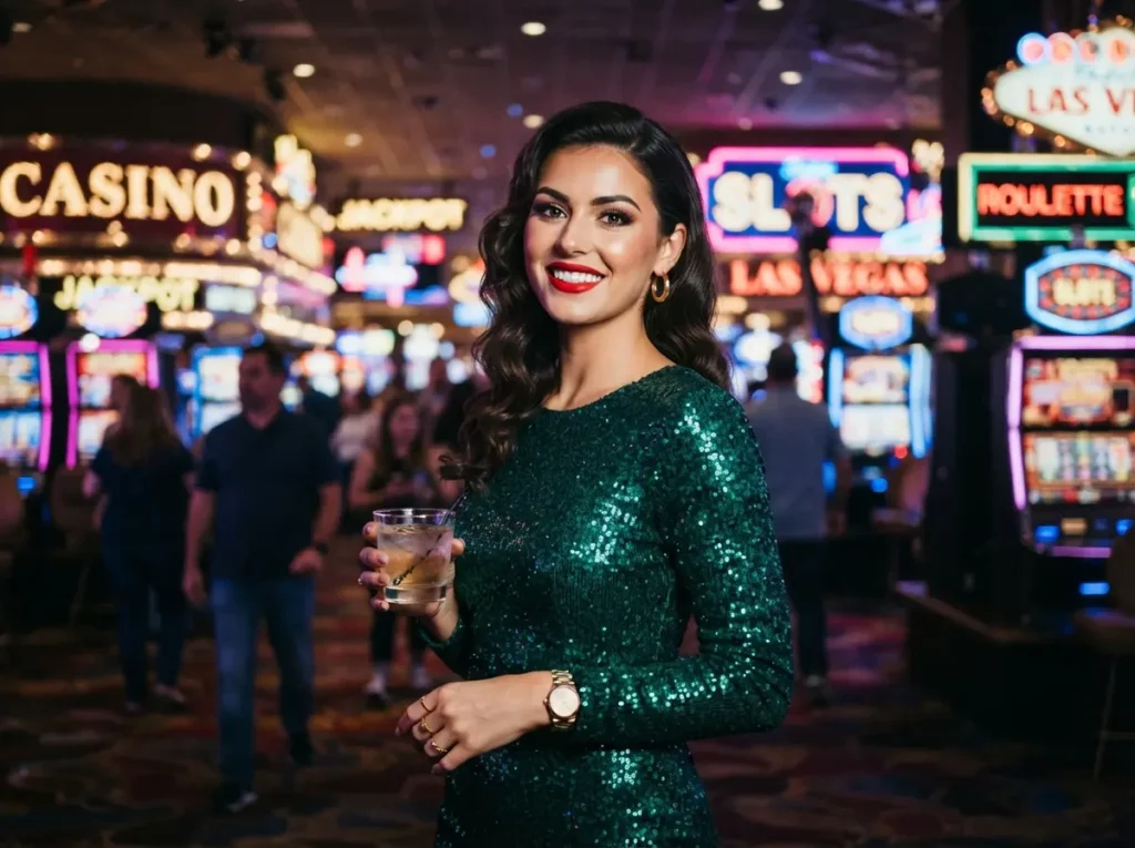 Elegant woman facing the camera inside a PAGCOR online casino with bright gaming lights in the background.