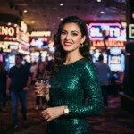 Elegant woman facing the camera inside a PAGCOR online casino with bright gaming lights in the background.