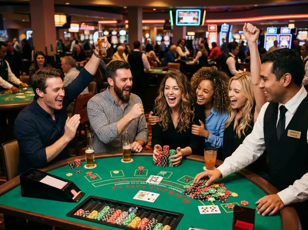 Group of friends enjoying games at a luxury PAGCOR online casino with a premium gaming experience