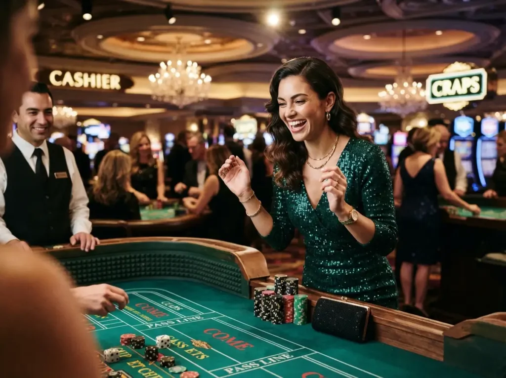 Stylish woman enjoying a luxury casino night at a PAGCOR online casino.