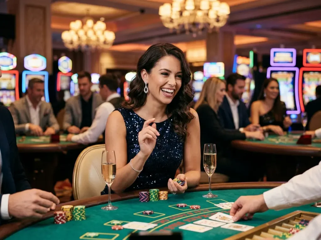 Chic female guest enjoying a table game at pcso online casino in a modern casino setting.