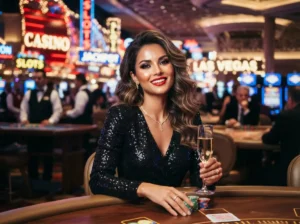 Elegant woman enjoying a premium gaming experience at a pcso online casino VIP table game area.