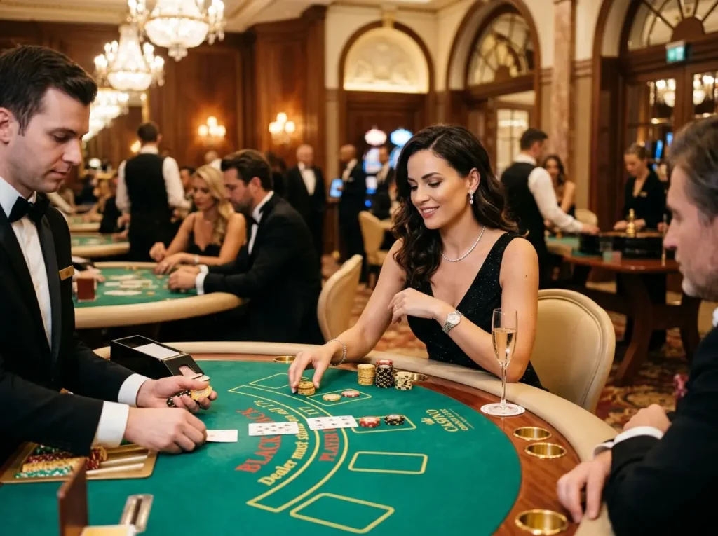 Elegant woman smiling while playing cards at a PCSO Online Casino poker table.