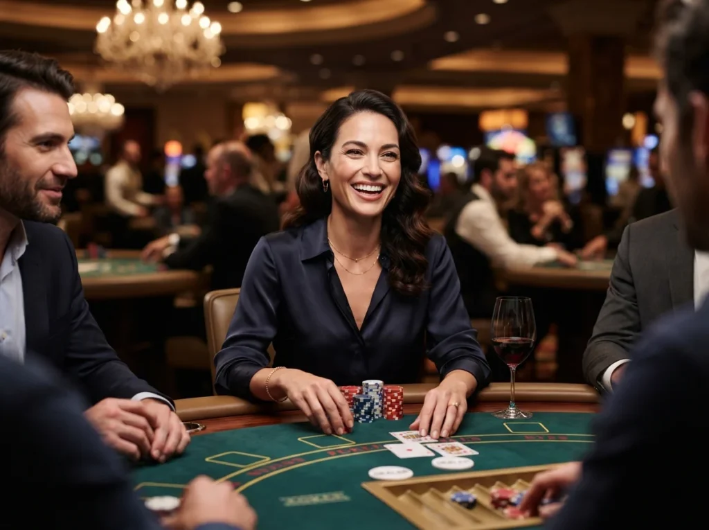 Woman enjoying table games with friends at a luxury pcso online casino in a premium gaming setting.