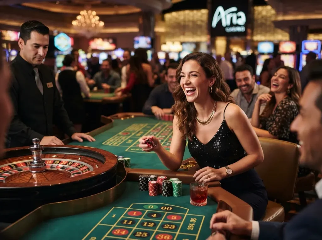 Female player enjoying a casino night at a roulette table on phlboss online casino