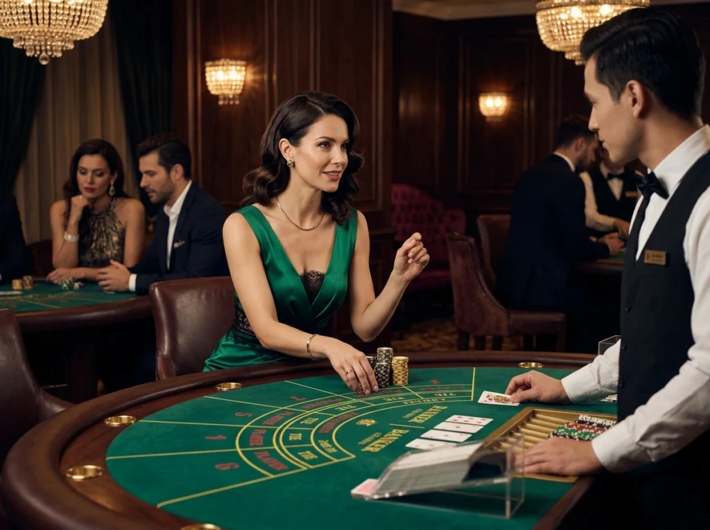 Stylish woman enjoying a luxury casino table game at phlboss online casino.
