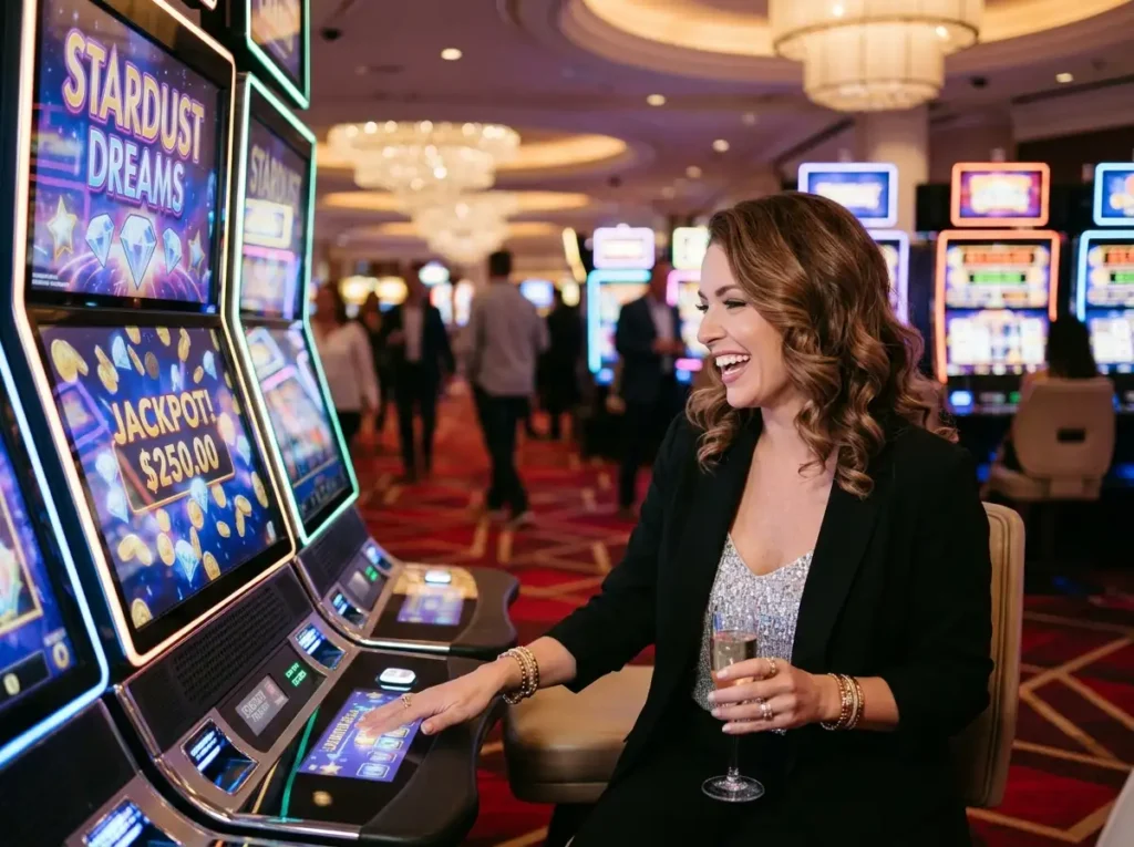 Woman enjoying slot machine games during an exciting night at phlboss online casino.