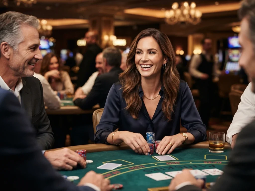 Female player enjoying luxury casino table games with friends at Resorts World Online Casino