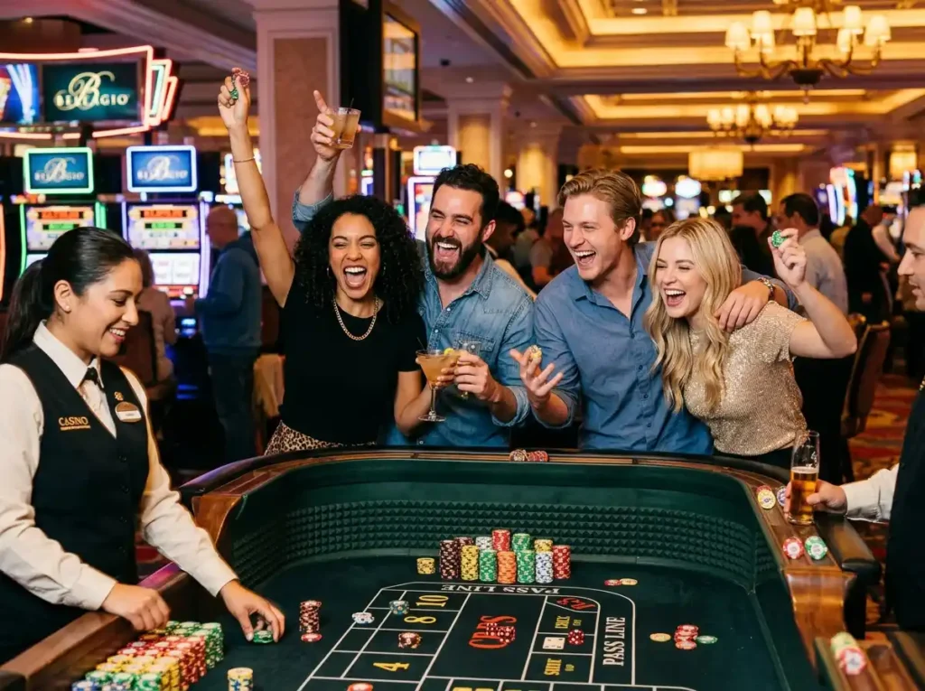 Friends enjoying a lively gaming atmosphere at Resorts World Online Casino