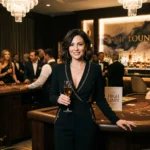 Woman enjoying a VIP gaming experience at Resorts World Online Casino with a luxurious casino atmosphere.